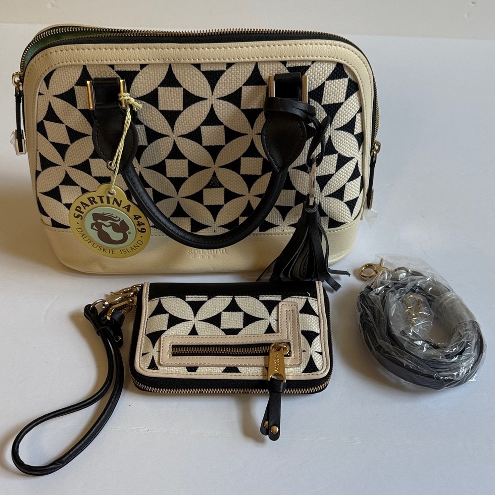 Spartina 449 Geometric Black and Cream Satchel Set